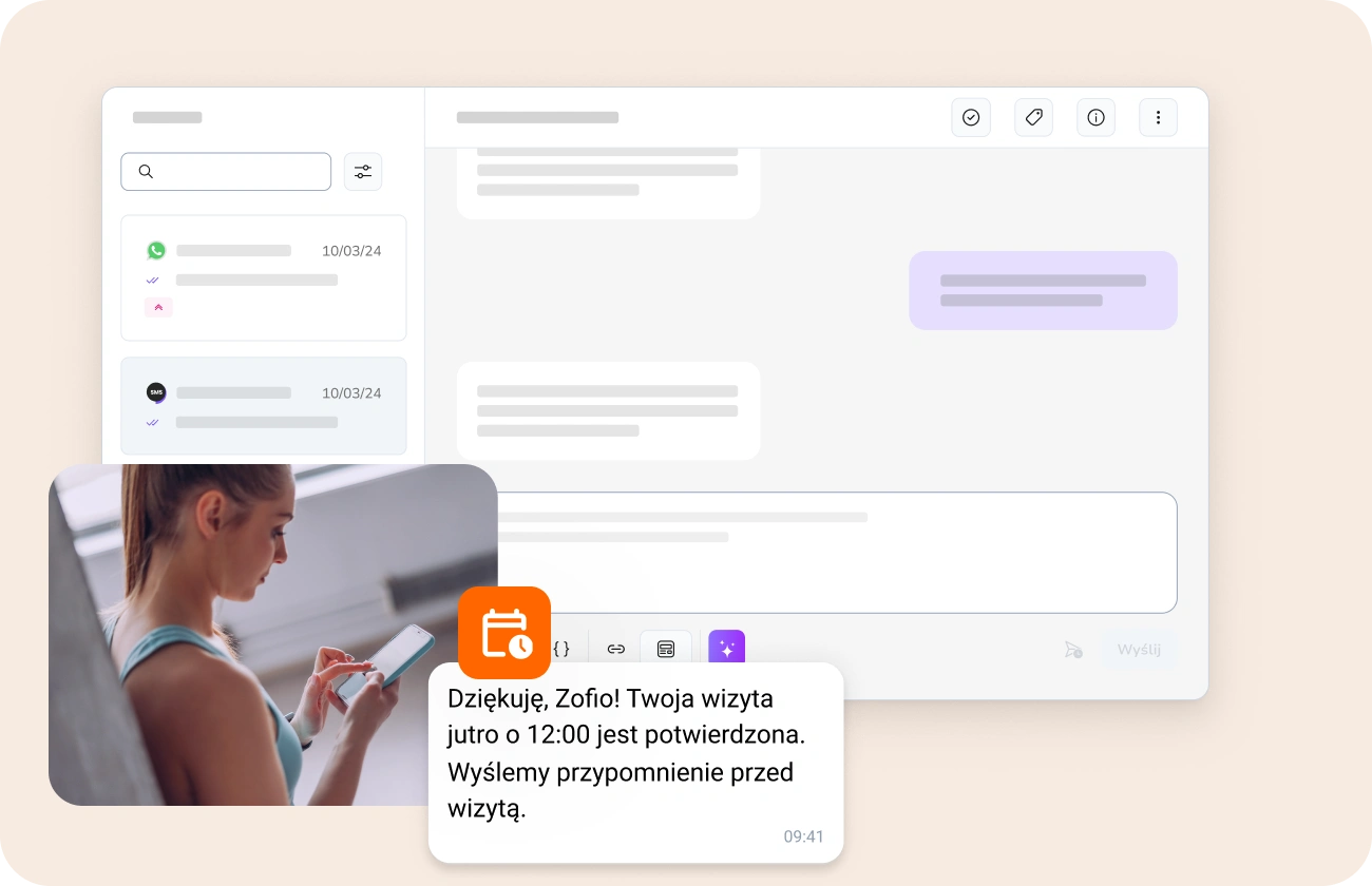 Kobieta sprawdzająca smartfon, odbierająca przypomnienie o wizycie lekarskiej od TopMessage, z panelem administracyjnym w tle.