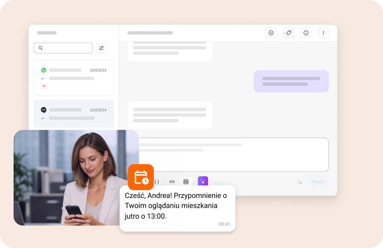 Profesjonaliści z branży nieruchomości komunikujący się z kupującymi, sprzedającymi i najemcami za pośrednictwem SMS i WhatsApp na każdym etapie drogi do nieruchomości.