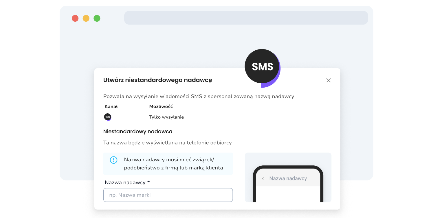 Zrzut ekranu strony konfiguracyjnej nadawcy wiadomości SMS firmy TopMessage