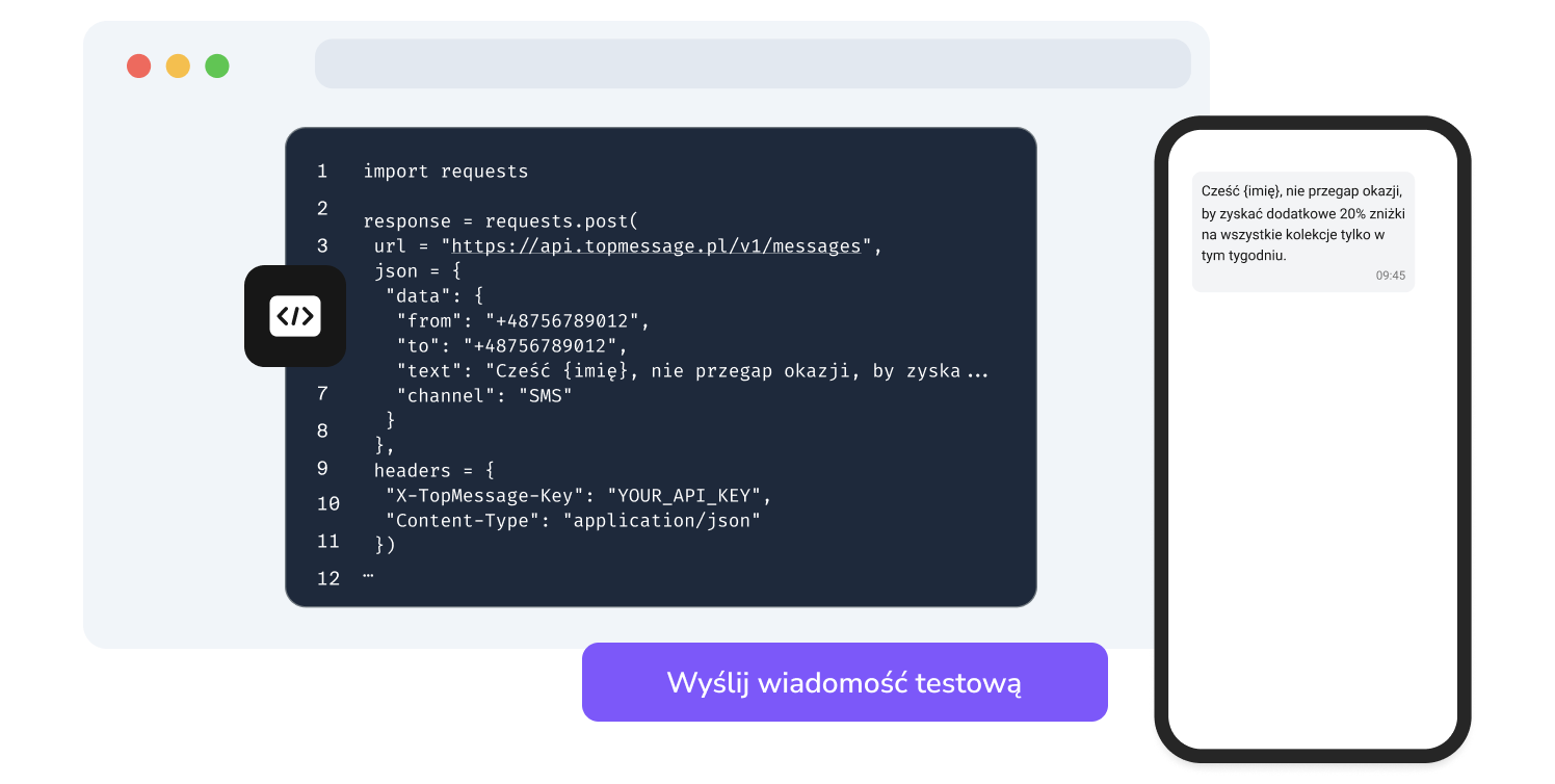 Zrzut ekranu strony API TopMessage przedstawiający funkcję testowania kodu SMS
