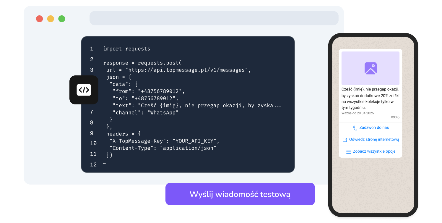 Zrzut ekranu strony API TopMessage pokazującej funkcję testowania kodu WhatsApp.
