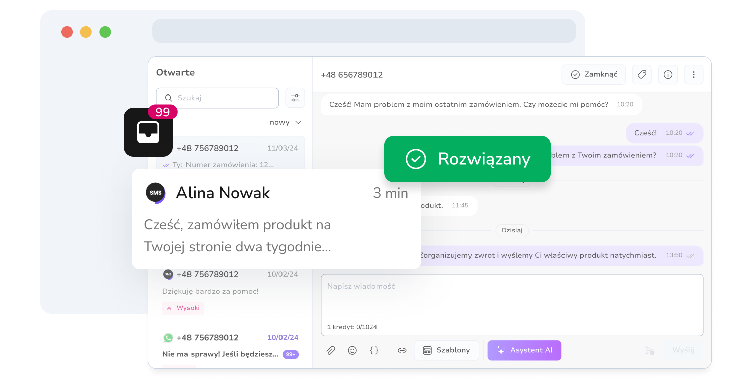 Zrzut ekranu ujednoliconej skrzynki odbiorczej wiadomości SMS TopMessage z rozwiązanymi konwersacjami SMS
