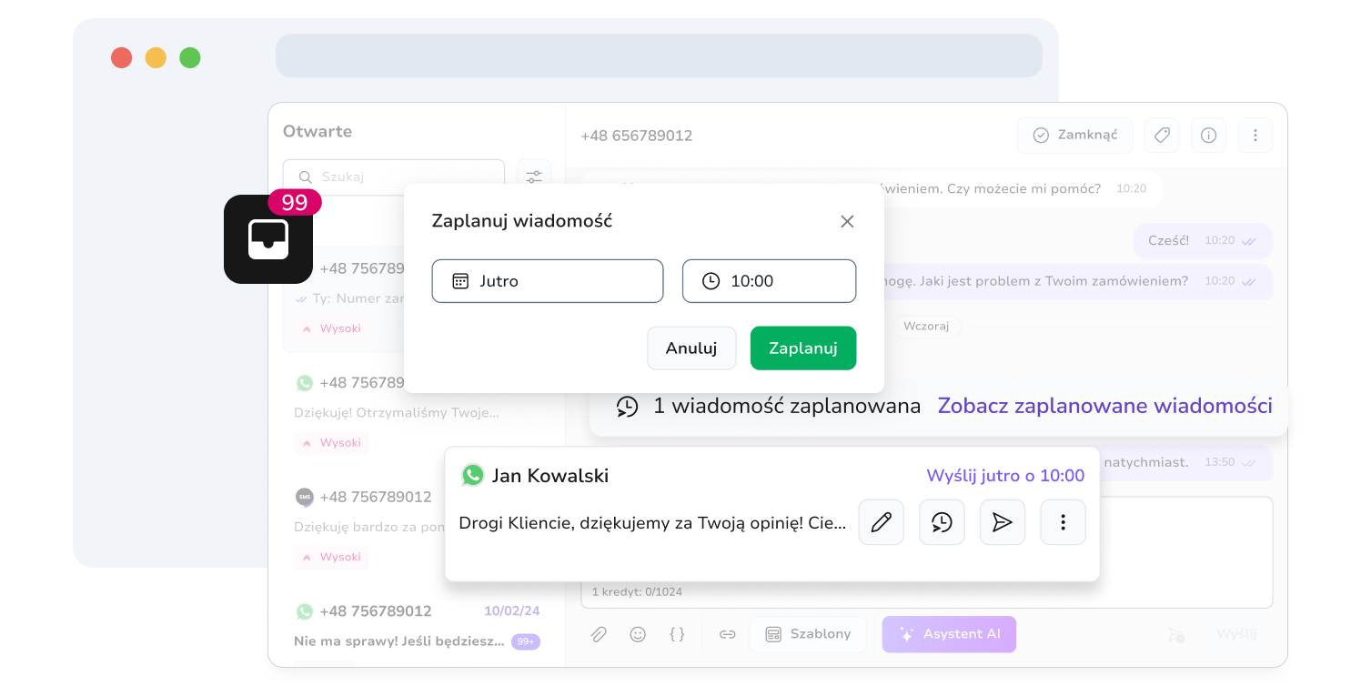 Zrzut ekranu strony skrzynki odbiorczej WhatsApp TopMessage z funkcją planowania