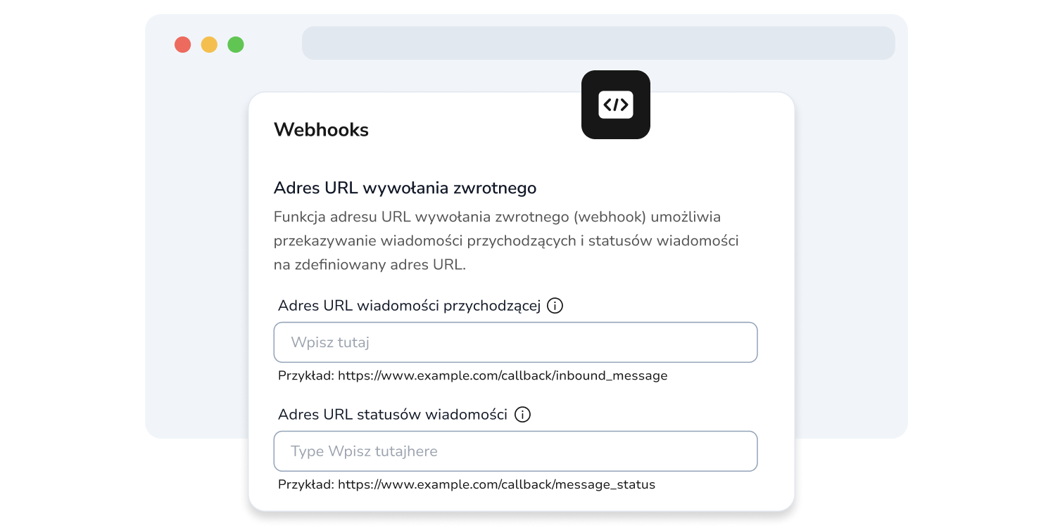 Zrzut ekranu strony API TopMessage pokazującej pola konfiguracji webhooków.