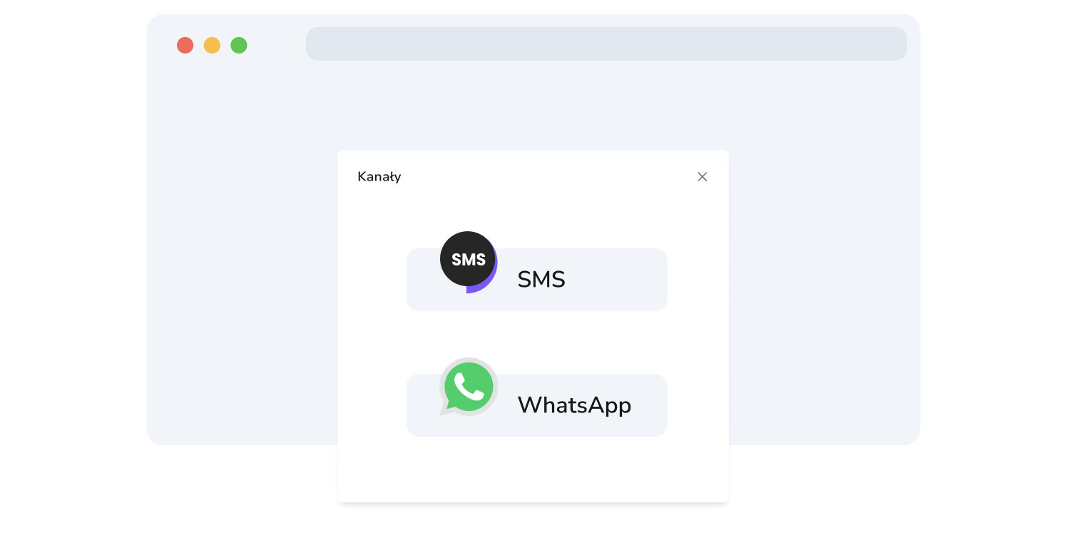 Zrzut ekranu strony wyboru kanałów WhatsApp i SMS serwisu TopMessage
