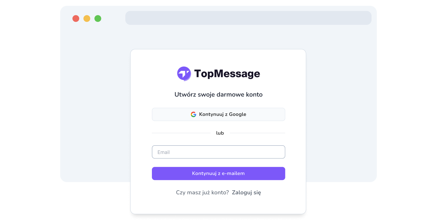 Zrzut ekranu strony rejestracyjnej TopMessage